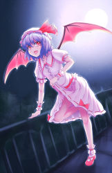 Rule 34 | 1girl, bat wings, bow, clothes lift, dress, dress lift, fangs, female focus, full body, full moon, hat, highres, irudana, moon, open mouth, purple hair, red eyes, remilia scarlet, short hair, solo, standing, standing on one leg, tongue, tongue out, touhou, wings, wrist cuffs