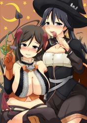 Rule 34 | 2girls, ahoge, black eyes, black hair, blush, breasts, brown hair, candy, cleavage, cosplay, demon horns, demon tail, demon wings, halloween, halloween costume, hat, horns, houshou (kancolle), huge breasts, imagawa akira, kantai collection, kneeling, lollipop, long hair, looking at viewer, mamiya (kancolle), moon, multiple girls, navel, parted lips, ponytail, purple eyes, sitting, small breasts, smile, tail, thighhighs, tongue, tongue out, wings, witch, witch hat