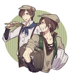 Rule 34 | 2boys, bag, beret, black gloves, border, brothers, brown eyes, brown hair, clenched teeth, collared shirt, commentary, fire emblem, fire emblem: genealogy of the holy war, gloves, green background, grey hat, haconeri, hat, high collar, holding, holding bag, holding stick, iuchar (fire emblem), iucharba (fire emblem), male focus, multiple boys, nintendo, open mouth, outside border, pectoral cleavage, pectorals, round border, shirt, siblings, stick, sweat, symbol-only commentary, teeth, v-shaped eyebrows, white border, white shirt
