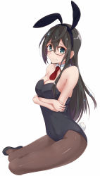 Rule 34 | 1girl, animal ears, black footwear, black hair, breasts, brown pantyhose, fake animal ears, fake tail, full body, glasses, highres, kantai collection, leotard, long hair, looking at viewer, necktie, ooyodo (kancolle), pantyhose, playboy bunny, rabbit ears, rabbit tail, red necktie, shoes, simple background, small breasts, solo, tail, white background, yoriha yashiro