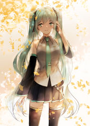 Rule 34 | 1girl, autumn, autumn leaves, bad id, bad pixiv id, detached sleeves, ginkgo tree, green eyes, green hair, hair ribbon, hatsune miku, highres, iven (hongwenwen), long hair, matching hair/eyes, necktie, ribbon, skirt, solo, thighhighs, twintails, very long hair, vocaloid