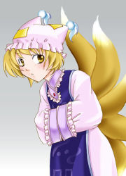 Rule 34 | 1girl, animal hat, blonde hair, dress, female focus, fifty, fox tail, frilled sleeves, frills, grey background, hands in opposite sleeves, hat, long sleeves, looking at viewer, mob cap, multiple tails, short hair, simple background, solo, tabard, tail, touhou, white background, white dress, wide sleeves, yakumo ran, yellow eyes