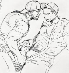 Rule 34 | 2boys, backwards hat, bara, baseball cap, beard, bulge, cosgrove (dickfish), couple, dickfish (fishismdick), eye contact, facial hair, feet out of frame, from side, hat, highres, large pectorals, looking at another, male focus, male underwear, male underwear peek, mature male, midriff peek, multiple boys, muscular, muscular male, mustache, navel hair, open overalls, original, pectorals, scan, shirt, short hair, sideburns, sketch, smile, stubble, t-shirt, thick eyebrows, traditional media, underwear, undressing another, unzipping, yaoi