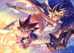 Rule 34 | 2boys, armlet, atem, blonde hair, cape, closed mouth, commentary request, dyed bangs, earrings, floating cape, fushitasu, jewelry, looking at viewer, male focus, multicolored hair, multiple boys, muto yugi, one eye closed, pants, purple hair, shoes, smile, spiked hair, star (symbol), vest, white footwear, yu-gi-oh!, yu-gi-oh! duel monsters