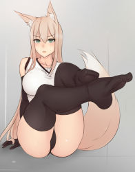 Rule 34 | 1girl, animal ear fluff, animal ears, bare shoulders, black gloves, black thighhighs, blonde hair, bluefield, breasts, eyebrows, feet, female focus, fox ears, fox tail, full body, gloves, green eyes, grey background, hair between eyes, highres, large breasts, legs up, long hair, looking at viewer, no shoes, open mouth, original, sitting, sleeveless, solo, tail, thighhighs