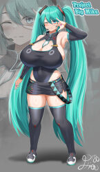 Rule 34 | 1girl, \m/, absurdres, alternate breast size, alternate costume, aqua eyes, aqua hair, armpits, barcode, barcode tattoo, bare shoulders, between breasts, black thighhighs, breasts, cleavage, cleavage cutout, clothing cutout, covered navel, curvy, detached sleeves, hatsune miku, headset, highres, hip tattoo, huge breasts, leotard, long hair, microskirt, one eye closed, purple nails, signature, skirt, solo, tattoo, thighhighs, twintails, very long hair, vocaloid, xiao (gensou8953), zettai ryouiki, zoom layer
