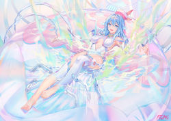 Rule 34 | 1girl, :d, armpits, atdan, bare shoulders, barefoot, blue eyes, blue hair, breasts, center opening, clothing cutout, feet, full body, haiyi, hat, jellyfish, long hair, looking at viewer, lying, medium breasts, on back, one-piece swimsuit, open mouth, outstretched arms, side cutout, smile, solo, swimsuit, synthesizer v, thighhighs, thighs, white one-piece swimsuit, white thighhighs