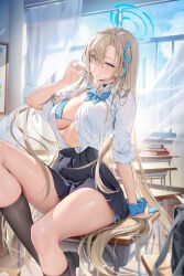 Rule 34 | 1girl, absurdres, arm behind back, asuna (blue archive), bikini, black skirt, blonde hair, blue archive, blue bow, blue bowtie, blue eyes, blue skirt, blush, bow, bowtie, breasts, chair, classroom, collared shirt, desk, grin, halo, highres, houkisei, indoors, kneehighs, large breasts, long hair, looking at viewer, on desk, open clothes, open shirt, paid reward available, pleated skirt, ribbon, school desk, school uniform, shirt, side-tie bikini bottom, sitting, skirt, smile, socks, solo, string bikini, swimsuit, swimsuit under clothes, thighs, very long hair, window
