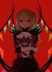 Rule 34 | 2girls, commentary, cosplay, costume switch, crystal wings, english commentary, fins, flandre scarlet, hat, head fins, highres, himuhino, mob cap, multiple girls, pointy ears, red background, red eyes, sharp teeth, simple background, teeth, touhou, undertale, undyne, undyne the undying, white headwear
