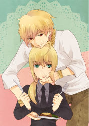 Rule 34 | 1boy, 1girl, ahoge, artoria pendragon (all), artoria pendragon (fate), bad id, bad pixiv id, blonde hair, bracelet, fate/zero, fate (series), fork, formal, gilgamesh (fate), green eyes, jewelry, knife, long hair, necklace, necktie, official alternate costume, pant suit, pants, ponytail, potato, red eyes, saber (fate), suit, suzuko (star8383)