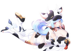 Rule 34 | 1girl, animal ears, animal print, ass, bare shoulders, bikini, blue hair, blush, bow, breasts, catura (granblue fantasy), cleavage, cow ears, cow girl, cow hat, cow horns, cow print, cow print sleeves, cow tail, detached collar, detached sleeves, draph, gooak, granblue fantasy, highres, horns, large breasts, legs, long hair, looking at viewer, lying, on stomach, open mouth, pointy ears, see-through, short shorts, shorts, swimsuit, tail, thighhighs, thighs, white bikini, white bow, white shorts, white thighhighs, wide sleeves, yellow eyes
