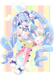 Rule 34 | 1girl, absurdly long hair, animal ears, bag, blue eyes, blue hair, bow, full body, hair bow, hair ornament, hatsune miku, long hair, looking at viewer, nail polish, pantyhose, rabbit ears, rabbit hair ornament, skirt, smile, solo, striped background, striped clothes, striped pantyhose, twintails, vertical-striped clothes, vertical-striped pantyhose, very long hair, vocaloid, yoshiki