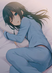 Rule 34 | 1girl, ;d, asashio (kancolle), ass, bed sheet, black hair, blush, female focus, half-closed eye, highres, hugging object, kantai collection, long hair, looking at viewer, lying, nagami yuu, non-web source, on side, one eye closed, open mouth, pajamas, pantylines, parted lips, pillow, pillow hug, sidelocks, smile, solo, swept bangs