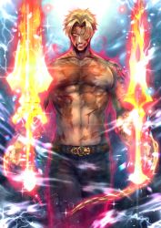 Rule 34 | 1boy, belt, beowulf (fate), black pants, blonde hair, blood, blue background, chain, commentary request, cowboy shot, fate/grand order, fate (series), grin, hair over one eye, large pectorals, looking at viewer, m3o2nfu73, male focus, navel, pants, parted bangs, pectorals, red eyes, smile, solo, sword, tattoo, topless male, weapon