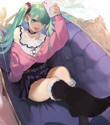 Rule 34 | 1girl, arm up, belt collar, black socks, bright pupils, cardigan, cellphone, collar, couch, fang, frilled shirt, frills, green eyes, green hair, green nails, hair ornament, hair scrunchie, hatsune miku, highres, holding, holding phone, kneehighs, knees up, leg up, miku day, nail polish, off shoulder, on couch, open mouth, phone, pink cardigan, pleated skirt, purple skirt, scrunchie, shirinda fureiru, shirt, sitting, skirt, sleeveless, sleeveless shirt, smartphone, socks, solo, twintails, vocaloid, white pupils, white shirt