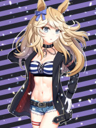 Rule 34 | 1girl, animal ears, bad id, bad pixiv id, bandeau, belt, black belt, black choker, black jacket, blonde hair, blue bow, blush, bow, breasts, choker, cleavage, commentary, cowboy shot, cutoffs, denim, denim shorts, gloves, gold city (umamusume), grey eyes, groin, hair bow, highres, horse ears, hoshikuzu (avxh2728), jacket, jewelry, long hair, looking at viewer, medium breasts, midriff, navel, necklace, open clothes, open jacket, parted lips, short shorts, shorts, solo, standing, stomach, strapless, striped, striped background, striped bandeau, thigh strap, thighs, tube top, umamusume, white gloves