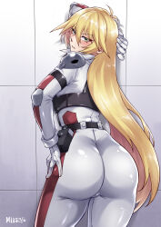 Rule 34 | 1girl, ass, back, biker clothes, bikesuit, blonde hair, blush, bodysuit, butt crack, from behind, gloves, green eyes, highres, long hair, looking at viewer, looking back, mibry (phrysm), sherry leblanc, skin tight, solo, very long hair, yu-gi-oh!, yu-gi-oh! 5d&#039;s