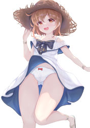 Rule 34 | absurdres, brown eyes, brown hair, commentary request, cowboy shot, dress, dress shirt, from below, hat, highres, kantai collection, maimuu, official alternate costume, open mouth, panties, pantyhose, round teeth, shirt, short hair, simple background, solo, straw hat, sun hat, sundress, teeth, underwear, upper teeth only, white background, white dress, white panties, wind, wind lift, yukikaze (kancolle)