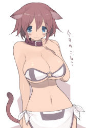 Rule 34 | 1girl, animal ears, blue eyes, blush, breasts, brown hair, cat ears, cat tail, collar, curvy, fang, hair between eyes, huge breasts, large breasts, mutsutake, navel, original, simple background, solo, tail, tears