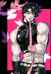 Rule 34 | 1boy, abs, absurdres, amputee, bare shoulders, battle tendency, bird, blue eyes, grimace, highres, jojo no kimyou na bouken, joseph joestar, joseph joestar (young), male focus, messy hair, midriff, missing limb, mouth hold, muscular, muscular male, red eyes, ribbon, silhouette, sleeveless, sleeveless turtleneck, solo, spiked hair, triangle print, turtleneck, xing xiao