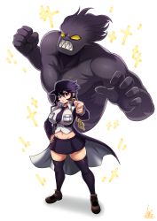 Rule 34 | 1girl, 1other, absurdres, adapted costume, alternate hairstyle, black hair, black skirt, black thighhighs, breasts, clenched hand, coat, commentary, cosplay, cross, english commentary, filia (skullgirls), full body, hand on own hip, highres, impossible clothes, impossible shirt, incoming attack, incoming punch, jmg, jojo no kimyou na bouken, kujo jotaro&#039;s pose (jojo), kuujou joutarou, kuujou joutarou (cosplay), large breasts, loafers, long coat, looking at viewer, midriff, navel, necktie, open clothes, open coat, parody, pointing, pointing at viewer, punching, red eyes, samson (skullgirls), school uniform, shirt, shoes, skindentation, skirt, skullgirls, slit pupils, solo focus, stand (jojo), star platinum, star platinum (cosplay), thighhighs, zettai ryouiki
