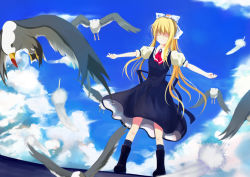 Rule 34 | 00s, 1girl, air (visual novel), awl, bad id, bad pixiv id, bird, blonde hair, closed eyes, feathers, highres, kamio misuzu, long hair, outstretched arms, ponytail, school uniform, seagull, solo, spread arms, toaru awl, very long hair