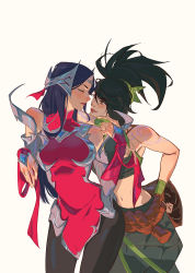 Rule 34 | absurdres, akali, bandaged wrist, bandages, bare shoulders, black hair, blue hair, bow, breasts, circlet, closed eyes, green bow, green skirt, highres, irelia, league of legends, leaning on person, looking at another, navel, qi mang (qimang), red eyes, red ribbon, ribbon, rope belt, skirt, tattoo