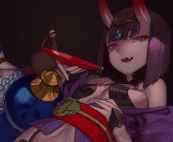 Rule 34 | 1girl, :d, absurdres, alcohol, bare shoulders, blue gemstone, blunt bangs, breasts, cup, dripping, fangs, fate/grand order, fate (series), gem, gourd, hand on own stomach, headpiece, highres, horns, lying, navel, on back, oni, open mouth, purple eyes, purple hair, revealing clothes, sakazuki, sake, sash, shiakoto, short hair, shuten douji (fate), small breasts, smile, solo, stomach, teeth, upper body, wrist cuffs