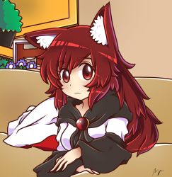 Rule 34 | 1girl, :3, absurdres, animal ears, blush, breasts, brooch, brown hair, commentary, doge, dress, highres, imaizumi kagerou, indoors, jewelry, long sleeves, looking at viewer, majormilk, medium breasts, parody, red eyes, solo, style parody, tail, touhou, wide sleeves, wolf ears, wolf tail, wool (miwol) (style)