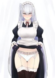 Rule 34 | apron, bad id, bad twitter id, boots, breasts, clothes lift, dress, dress lift, fuyutsuki (kancolle), garter belt, garter straps, grey eyes, kantai collection, large breasts, long hair, maid, maid apron, maid headdress, mochizou, panties, simple background, thigh boots, thighhighs, underwear, very long hair, white hair, white panties, white thighhighs