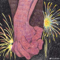 Rule 34 | 2boys, close-up, couple, dagou (yuzhou fei gou), fireworks, graphite (medium), hand focus, highres, holding hands, interlocked fingers, long sleeves, male focus, multiple boys, new year, original, traditional media, yaoi