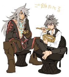 Rule 34 | 2boys, ahoge, black jacket, black pants, boots, bowl, brown footwear, brown gloves, commentary, crossed legs, dark-skinned male, dark skin, eating, fate/apocrypha, fate (series), food, gloves, green eyes, hair between eyes, hair over one eye, hand on leg, holding, holding bowl, holding spoon, jacket, long hair, long sleeves, looking at another, male focus, mine (odasol), multiple boys, open clothes, open jacket, pants, red eyes, scar, shirt, short hair, sieg (fate), siegfried (fate), silver hair, sitting, spoon, thigh boots, thighhighs, utensil in mouth, waistcoat, white shirt, yaoi