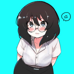 Rule 34 | 1girl, alphy, anger vein, bent over, black bra, black hair, black skirt, blue background, blue eyes, blush, bra, breasts, buttons, closed mouth, collarbone, dress shirt, glasses, highres, large breasts, meow (alphy), original, pencil skirt, pout, round eyewear, see-through, shirt, short hair, short sleeves, skirt, solo, speech bubble, underwear