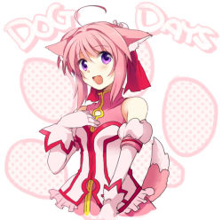 Rule 34 | 10s, 1girl, :d, ahoge, animal ear fluff, animal ears, armband, bare shoulders, blush, copyright name, dog days, dog ears, dog girl, dog tail, dress, gloves, hand on own chest, looking at viewer, millhiore f. biscotti, open mouth, pink dress, pink hair, purple eyes, short hair, smile, solo, standing, tail, takana (nanao)