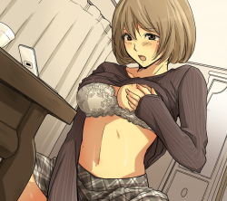 Rule 34 | 1girl, aoki yuriko, bad id, bakuman, blush, bra, bra pull, grabbing another&#039;s breast, breasts, brown eyes, brown hair, ceiling, cellphone, clothes lift, clothes pull, cup, curtains, dutch angle, female masturbation, flower bra, from below, grabbing, indoors, lace, lace bra, lingerie, long sleeves, looking at phone, looking down, masturbation, medium breasts, midriff, mijinko (2ji denchi), miniskirt, mole, navel, nipples, one breast out, open mouth, phone, plaid, plaid skirt, shirt lift, short hair, skirt, sleeves past wrists, smartphone, solo, spread legs, sweater, sweater lift, table, teacup, underwear, undressing