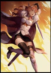 Rule 34 | armor, black thighhighs, cape, celica (fire emblem), fire emblem, fire emblem echoes: shadows of valentia, fujikawa arika, headband, holding, holding sword, holding weapon, nintendo, red eyes, red hair, sword, thighhighs, thighs, weapon, white armor, white cape