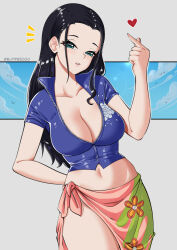 Rule 34 | 1girl, aqua eyes, arm behind back, black hair, blue vest, breasts, cleavage, collarbone, cowboy shot, cropped vest, elpipe 3000, floral print, forehead, hand up, heart, highres, large breasts, long hair, looking at viewer, nico robin, notice lines, one piece, parted lips, partially unzipped, pink sarong, print sarong, sarong, snapping fingers, solo, vest, zipper