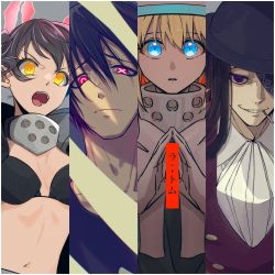 Rule 34 | 2boys, 2girls, absurdres, bandana, bikini, bikini top only, black bikini, black coat, black hair, black headwear, black shirt, blonde hair, blue eyes, breasts, capelet, cigarette, cleavage, coat, collared shirt, en&#039;en no shouboutai, evil grin, evil smile, gloves, gon oekaki, grin, habit, hair between eyes, hat, highres, index fingers together, iris (enen no shouboutai), joker (en&#039;en no shouboutai), long hair, looking at viewer, mismatched pupils, mouth hold, multiple boys, multiple girls, navel, nun, one eye covered, open clothes, open coat, open mouth, own hands together, parted lips, purple eyes, purple vest, ringed eyes, shinmon benimaru, shirt, small breasts, smile, stomach, swimsuit, symbol-shaped pupils, tamaki kotatsu, teeth, upper body, v-shaped eyebrows, vest, white gloves, white shirt, yellow eyes
