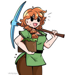 Rule 34 | 1girl, alex (minecraft), black eyes, block (minecraft), block (object), braid, carrying, carrying under arm, commentary, dirt, english commentary, green shirt, hair over shoulder, highres, holding, holding block, holding pickaxe, long hair, looking at viewer, minecraft, murgoten, open mouth, orange hair, pants, pickaxe, shirt, short sleeves, signature, simple background, smile, solo, sweat, white background