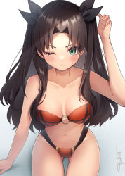 Rule 34 | 1girl, absurdres, bikini, black ribbon, breasts, brown hair, closed mouth, collarbone, commentary request, fate/stay night, fate (series), gluteal fold, green eyes, hair ribbon, highres, long hair, looking at viewer, medium breasts, navel, o-ring, o-ring bikini, o-ring top, one eye closed, orange bikini, ribbon, signature, sitting, skoll world, solo, swimsuit, thighs, tohsaka rin, two-sided fabric