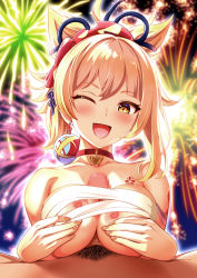Rule 34 | 1boy, 1girl, ;d, arm tattoo, bandages, bare shoulders, between breasts, blonde hair, blush, breasts, censored, chest tattoo, choker, clothed female nude male, earrings, erection, fireworks, genshin impact, hair ornament, hetero, highres, jewelry, looking at viewer, mosaic censoring, night, night sky, nipples, nude, one eye closed, open mouth, orange eyes, paizuri, paizuri under clothes, penis, pov, pubic hair, sarashi, sex, sigma rio, sky, smile, tattoo, upper body, yoimiya (genshin impact)