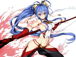 Rule 34 | &gt;:), 1girl, abs, antenna hair, armpits, aura, backless outfit, bare shoulders, black pants, blazblue, blazblue: central fiction, blazblue variable heart, blue hair, blush, bow, breasts, closed mouth, cowboy shot, fingerless gloves, floating hair, from side, genderswap, genderswap (mtf), gloves, groin, hair between eyes, hair bow, halterneck, highres, holding, holding weapon, long hair, looking at viewer, lowleg, lowleg pants, mai natsume, medium breasts, midriff, morikawa (futomayu), muscular, muscular female, navel, no bra, no panties, pants, pink eyes, polearm, ponytail, red eyes, red gloves, revealing clothes, ribbon, sideboob, smile, solo, spear, stomach, thighs, v-shaped eyebrows, very long hair, weapon, yellow bow