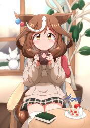 Rule 34 | 1girl, absurdres, animal ears, blurry, blurry background, blush, book, brown hair, cake, chair, closed mouth, cup, food, hat, highres, holding, horse girl, looking at viewer, matikane tannhauser (umamusume), matty (matsutomo), mug, plant, potted plant, sitting, smile, snowman, solo, table, umamusume, unworn hat, unworn headwear, window, yellow eyes