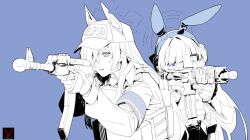 Rule 34 | 2girls, absurdres, aiming, ak-74, animal ear fluff, animal ear hairband, animal ears, ar-15, armband, asimo (hakurei10201), assault rifle, blue archive, blue armband, blue background, blue eyes, blue hairband, bulletproof vest, clenched teeth, commentary request, dog ears, ears through headwear, escape from tarkov, extra ears, fake animal ears, gloves, gun, hairband, halo, highres, holding, holding gun, holding weapon, kalashnikov rifle, kanna (blue archive), laser sight, long hair, multiple girls, notched ear, optical sight, partially colored, rabbit ears, rifle, sharp teeth, teeth, toki (blue archive), toki (bunny) (blue archive), weapon