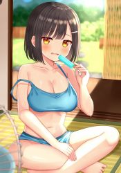 Rule 34 | 1girl, bare legs, bare shoulders, black hair, blue bra, blue shorts, blurry, bra, breasts, cleavage, collarbone, day, depth of field, electric fan, food, hair ornament, hairclip, highres, holding, indian style, large breasts, looking at viewer, micro shorts, midriff, mizukoshi (marumi), navel, open mouth, orange eyes, original, popsicle, short hair, shorts, sitting, solo, stomach, strap slip, summer, sunlight, sweat, tatami, underwear, wavy mouth