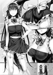 Rule 34 | 1girl, bow, breasts, contrapposto, detached collar, dress, embarrassed, female focus, frills, garter straps, greyscale, hair ribbon, hand on own hip, highres, hisasi, large breasts, long hair, maid, maid headdress, mirror, monochrome, monogusa neneko no taida na tanteichou, official art, parted lips, reflection, ribbon, short dress, solo, standing, thighhighs, very long hair, wrist cuffs, yomisaka neneko
