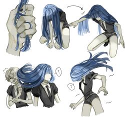 Rule 34 | !, &gt; &lt;, 2others, ?, absurdres, androgynous, annoyed, arrow (symbol), black nails, black necktie, blunt bangs, blunt ends, commentary, covered face, cropped legs, english commentary, facing down, floating hair, gem uniform (houseki no kuni), ghost quartz (houseki no kuni), grey hair, hair flip, hair over face, highres, holding, holding hair, houseki no kuni, iciriini, kneeling, lapis lazuli (houseki no kuni), long hair, multiple others, multiple views, necktie, one eye covered, open mouth, other focus, outstretched arms, partially colored, puffy short sleeves, puffy sleeves, shoes, short hair with long locks, short sleeves, simple background, spoken exclamation mark, spoken question mark, straight hair, very long hair, white background, wind
