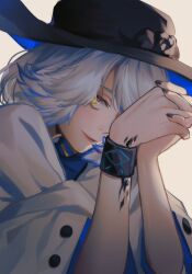 Rule 34 | 1girl, arknights, black hat, black nails, blue hair, chinese commentary, closed mouth, commentary request, echico (echico1125), eyelashes, fingernails, hair over one eye, hat, highres, infection monitor (arknights), interlocked fingers, jacket, lips, looking at viewer, material growth, one eye covered, orchid (arknights), oripathy lesion (arknights), own hands together, smile, solo, upper body, white hair, white jacket, yellow eyes