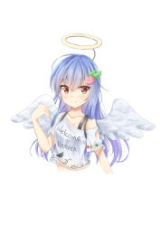 Rule 34 | 1girl, absurdres, akiteru (akiteru98), angel wings, blue hair, blush, bra strap, brown eyes, closed mouth, clothes writing, cosplay, cropped torso, english text, food-themed hair ornament, hair between eyes, hair ornament, halo, hecatia lapislazuli, hecatia lapislazuli (cosplay), highres, hinanawi tenshi, long hair, looking at viewer, off-shoulder shirt, off shoulder, peach hair ornament, shirt, simple background, smile, solo, touhou, white background, white shirt, wings