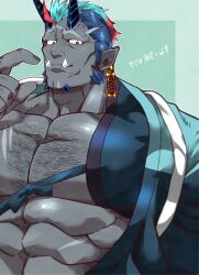 Rule 34 | 1boy, abs, another eidos-r, aqua hair, bara, bare pectorals, blue hair, closed mouth, colored skin, demon boy, demon horns, earrings, facial hair, finger to mouth, green background, grey skin, habaki (another eidos), highres, horns, huge pectorals, igote, japanese clothes, jewelry, kizami nori to yamaimo, long sideburns, male focus, multicolored hair, muscular, muscular male, no eyebrows, pectorals, pointy ears, red eyes, red hair, scar, scar on chest, scar on chin, scar on face, scar on forehead, sideburns, single earring, solo, sparse chest hair, tasuki, tusks, upper body